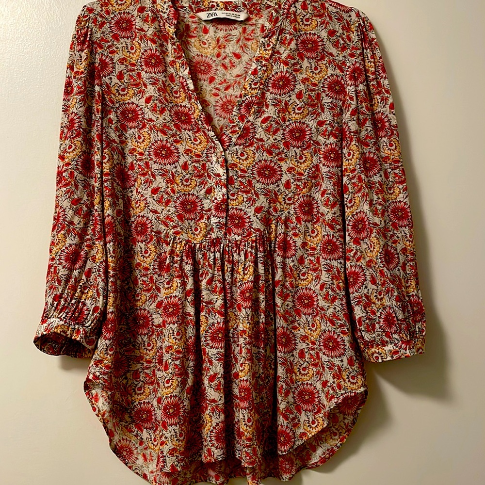 Zara Red and yellow tunic with balloon sleeve